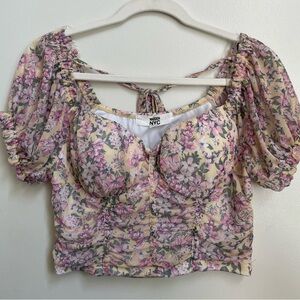 Pink and yellow Puff Sleeve Ruched Crop Blouse